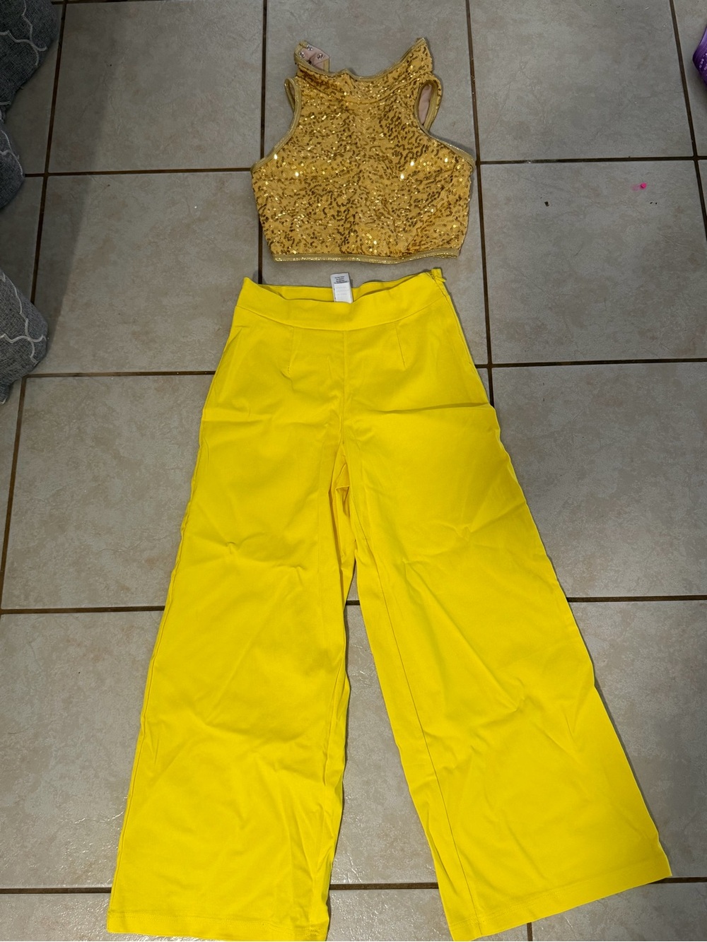 Wilfred Yellow Wide-Leg Pants with Gold Sequin Crop Top